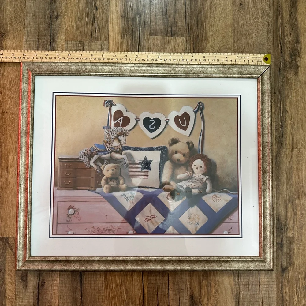 Scafa Art 2002 Framed USA Teddy Bear Print 24x20 Multi-color